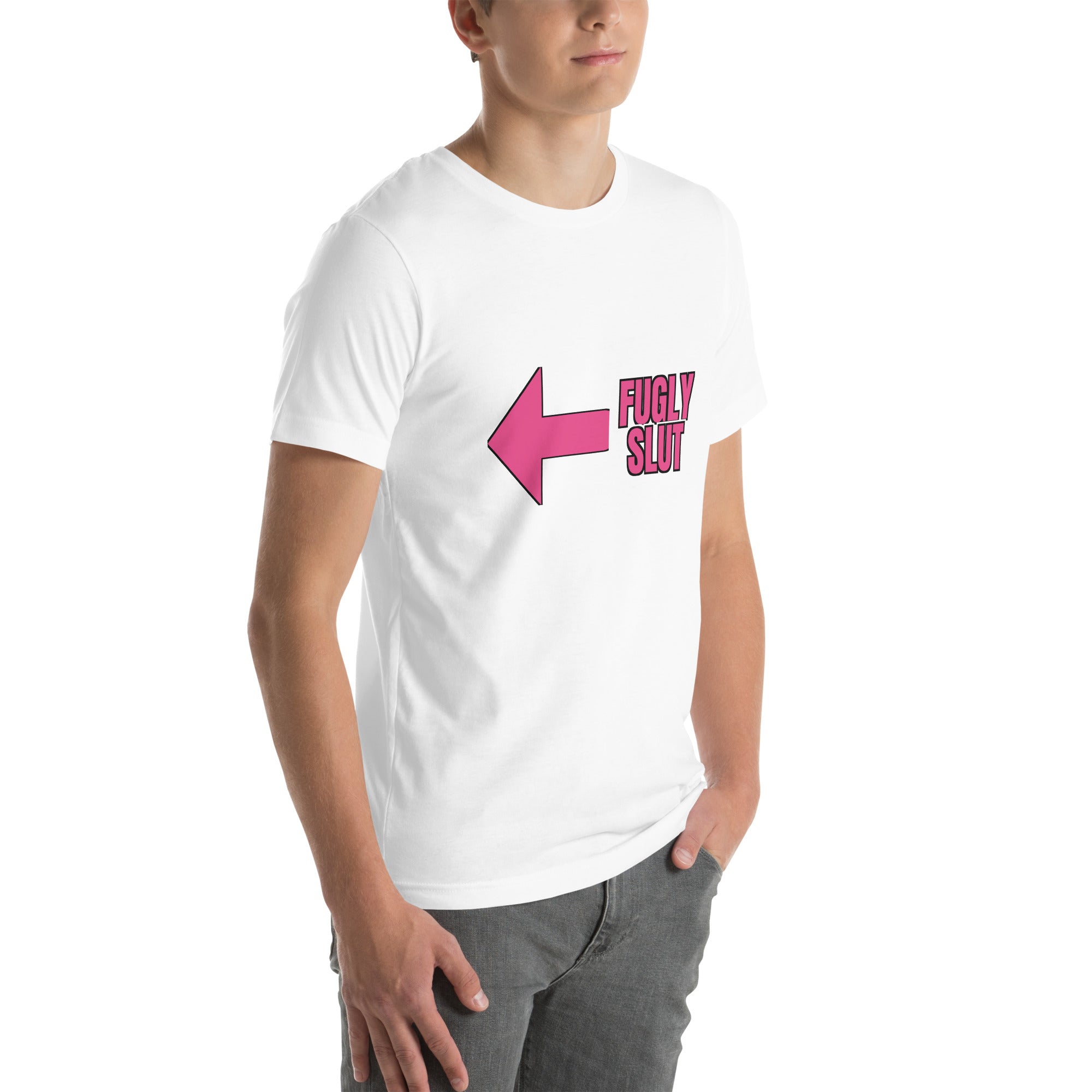 sassy pride t-shirt — Fugly Sl*t Arrow Left print, white t-shirt right 3/4 view