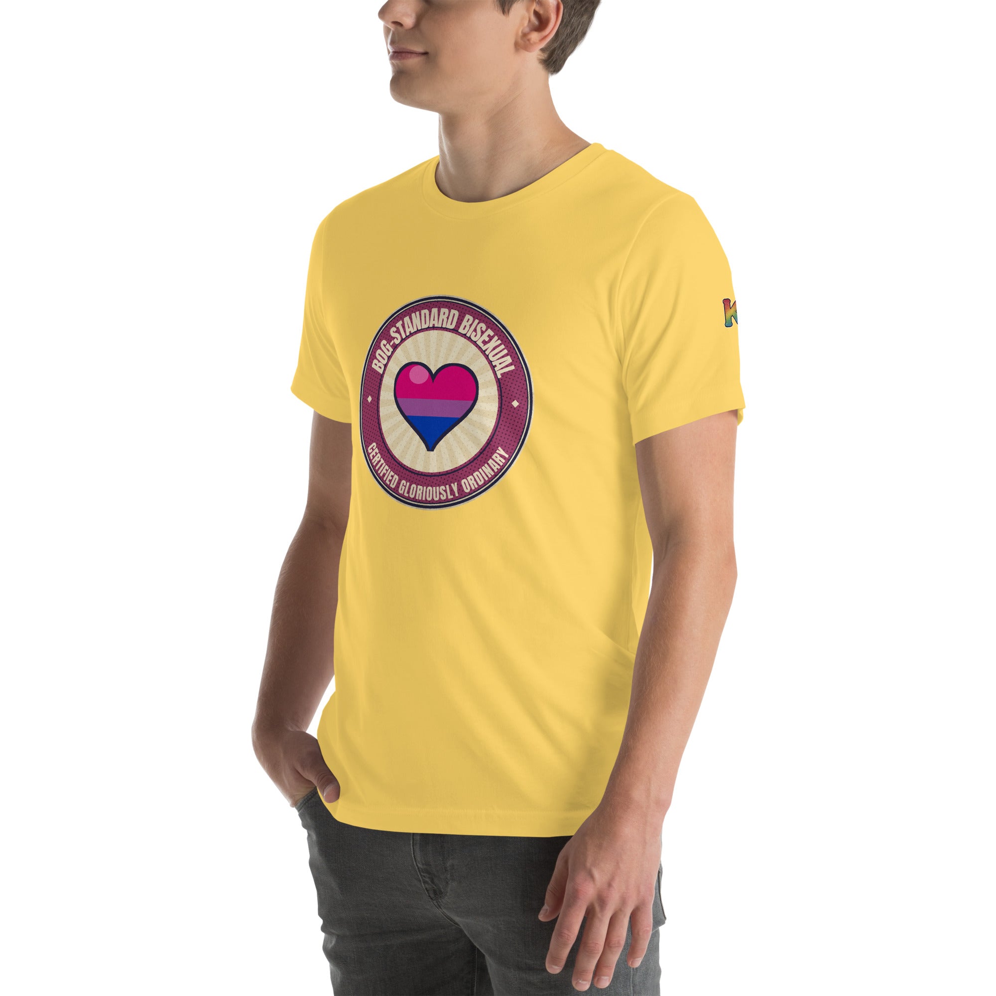 bisexual pride t-shirt — Bog-Standard Bisexual badge design, yellow tee left-front angled view (sleeve K visible)