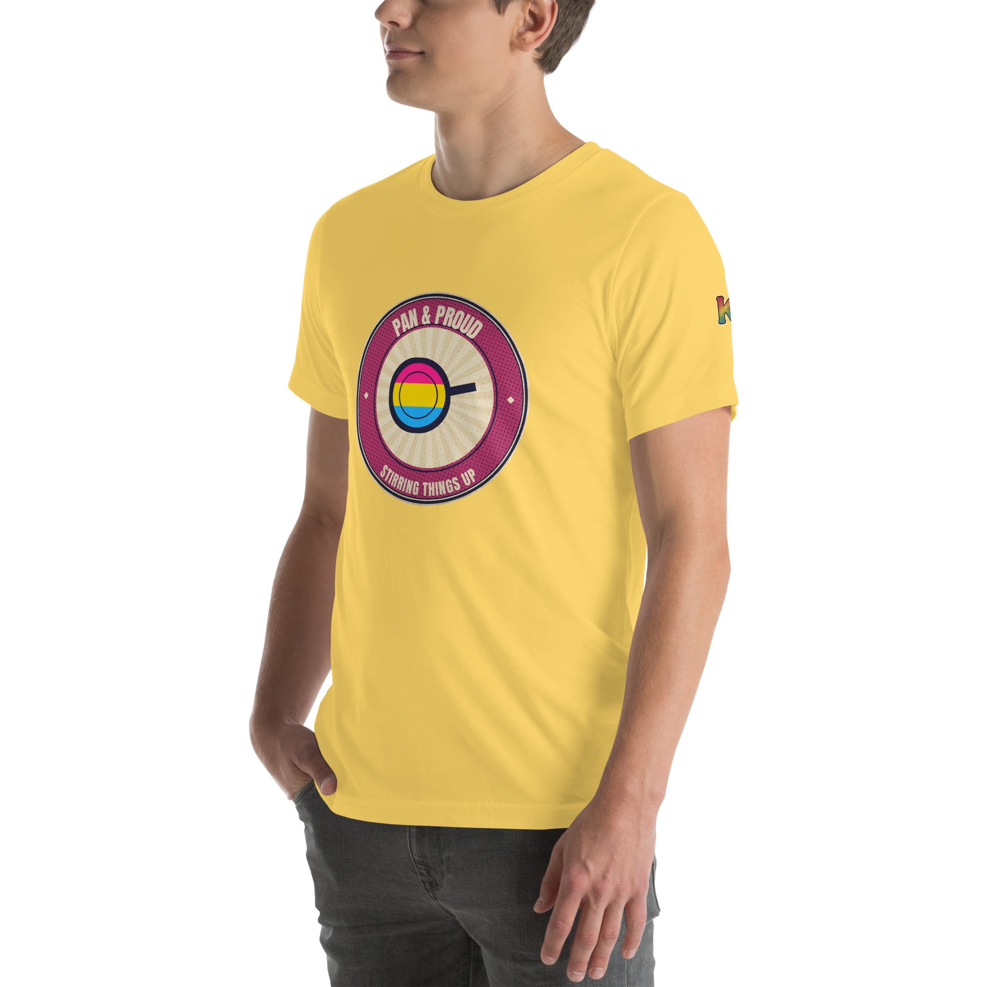pansexual pride t-shirt — Pan & Proud badge design, yellow tee left-front angled view (sleeve K visible)
