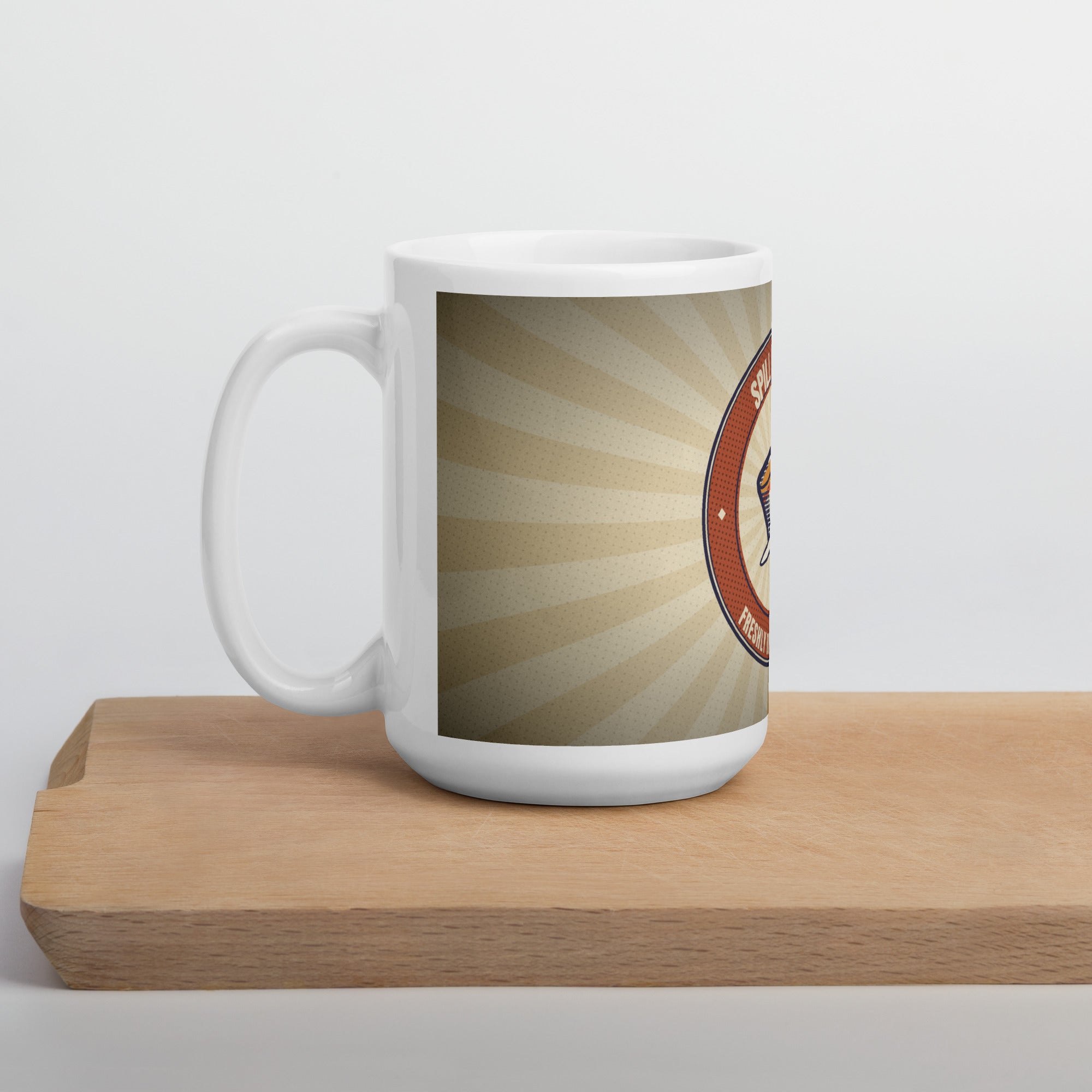 LGBTQ+ pride mug — Spill the Tea design, 15oz mug on a kitchen cutting board