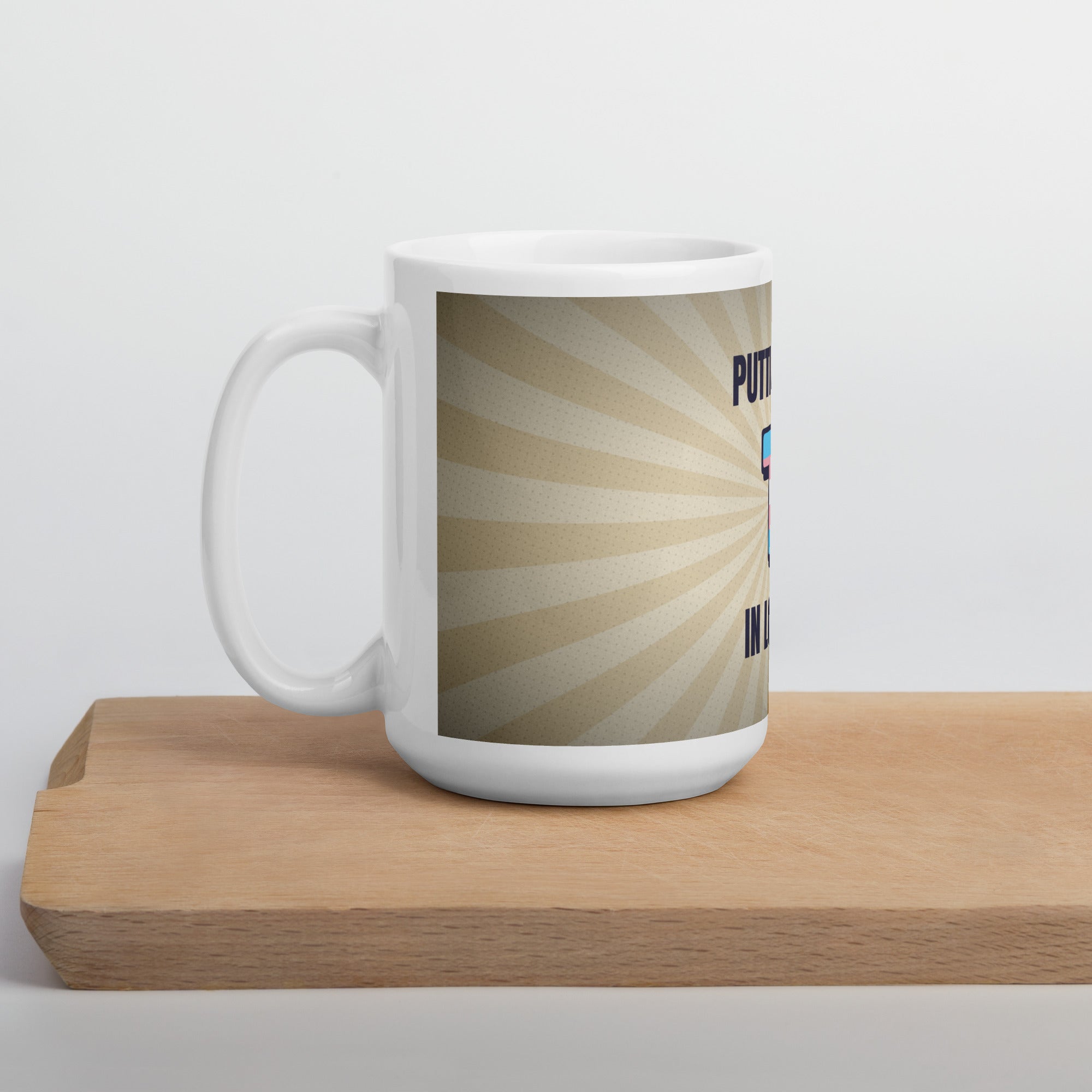 transgender pride mug — Putting the T design, 15oz mug on a kitchen cutting board
