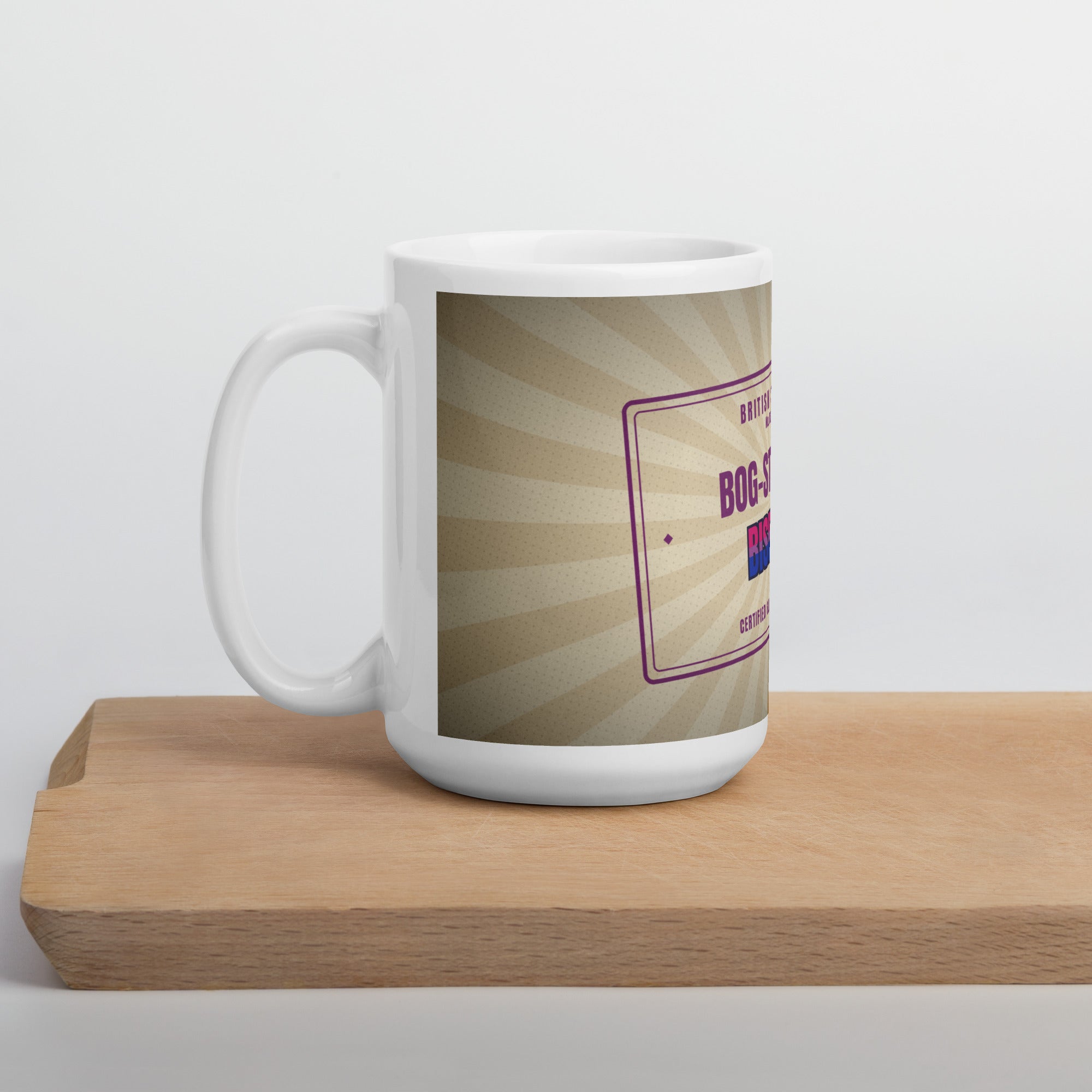 bisexual pride mug — Bog-Standard Bisexual design, 15oz mug on a kitchen cutting board