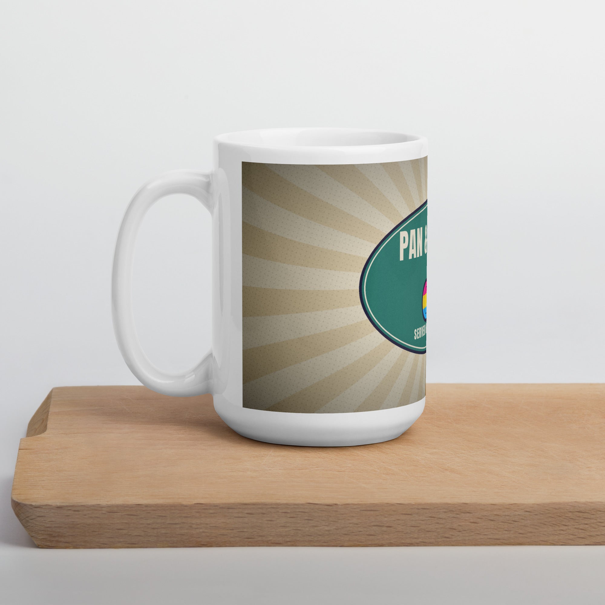 pansexual pride mug — Pan & Proud design, 15oz mug on a kitchen cutting board