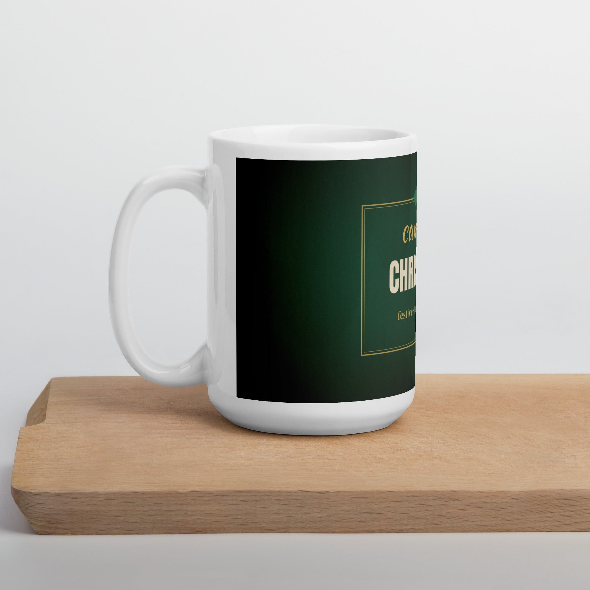 LGBTQ+ Christmas pride mug — Camp as Christmas design, 15oz mug on a kitchen cutting board