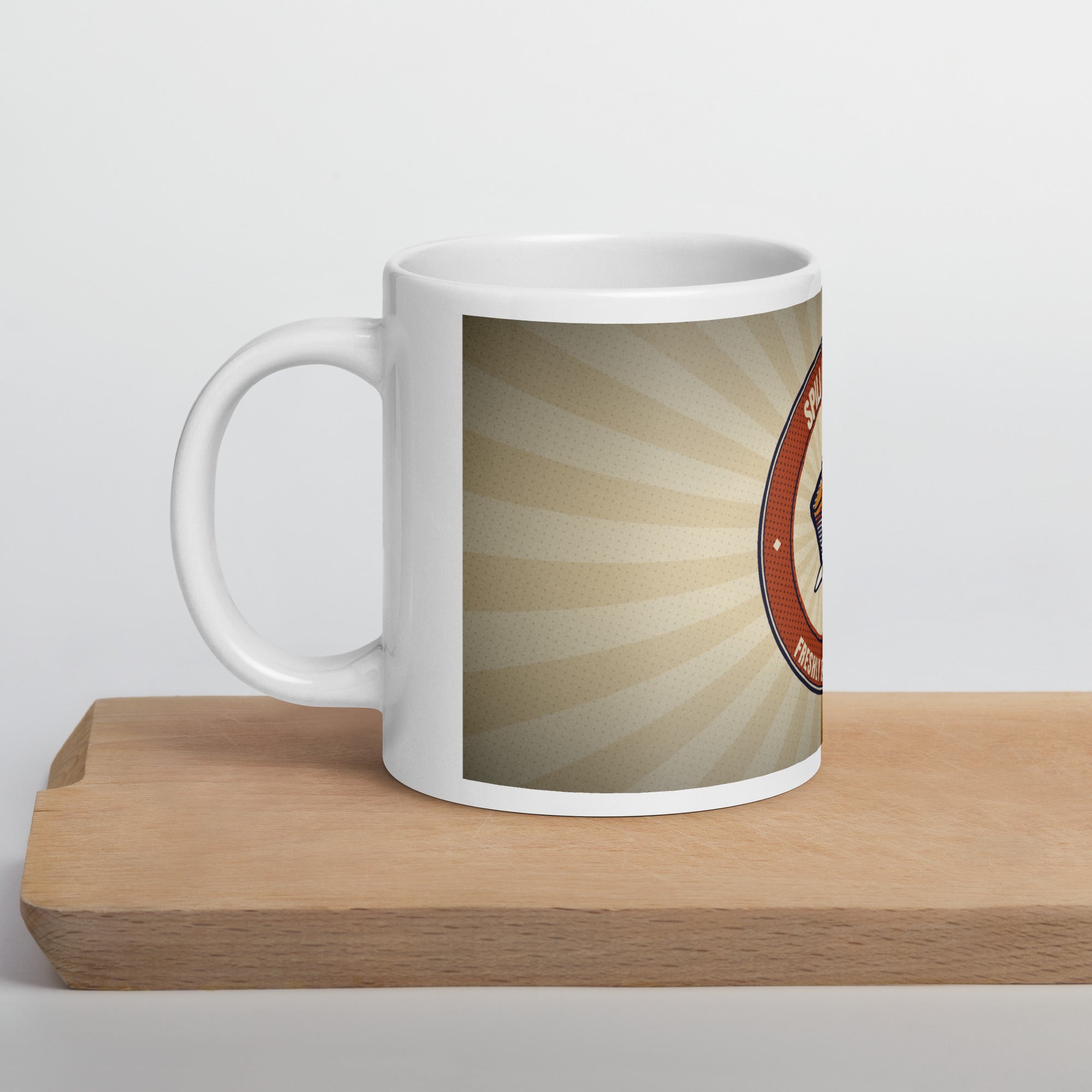 LGBTQ+ pride mug — Spill the Tea design, 20oz mug on a kitchen cutting board