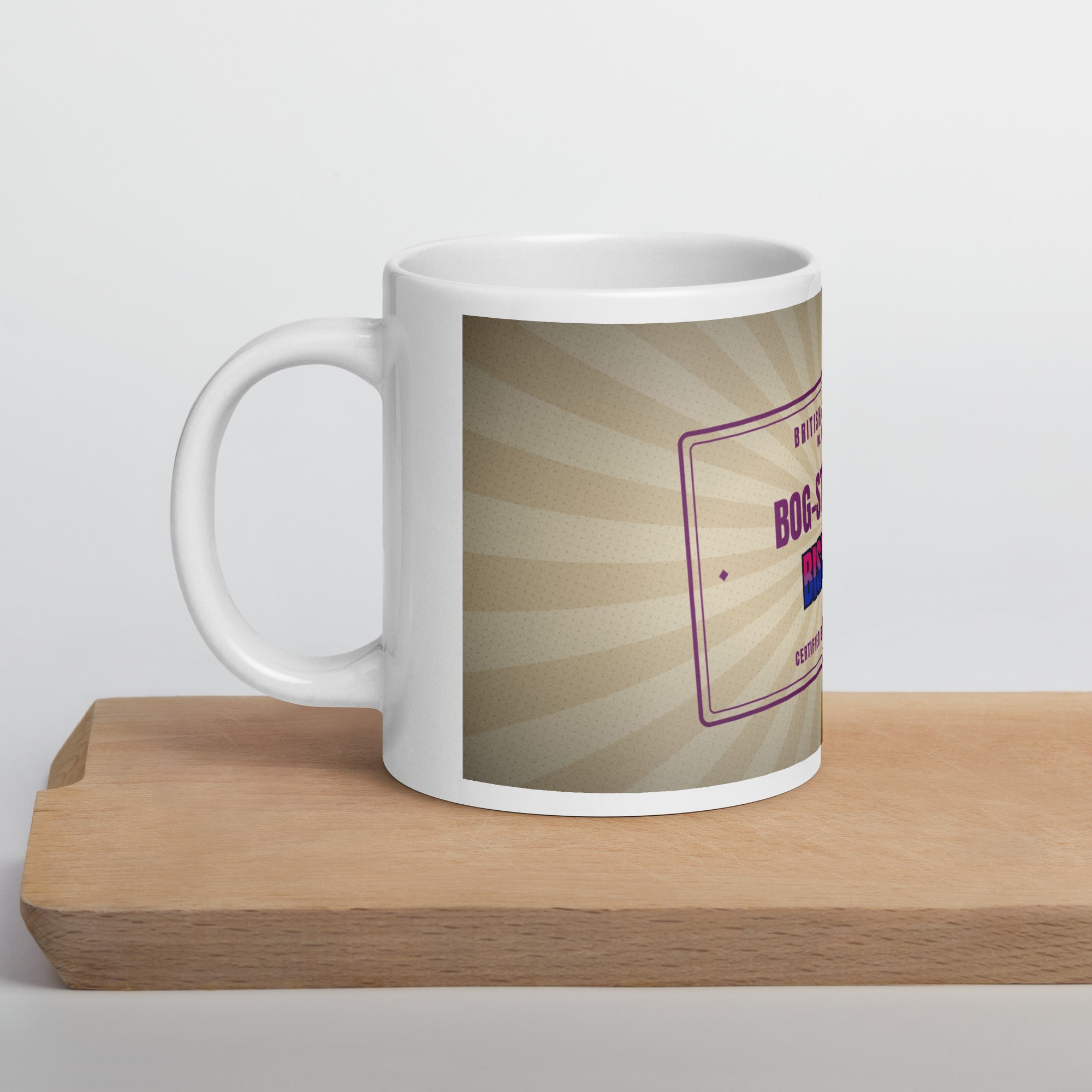 bisexual pride mug — Bog-Standard Bisexual design, 20oz mug on a kitchen cutting board
