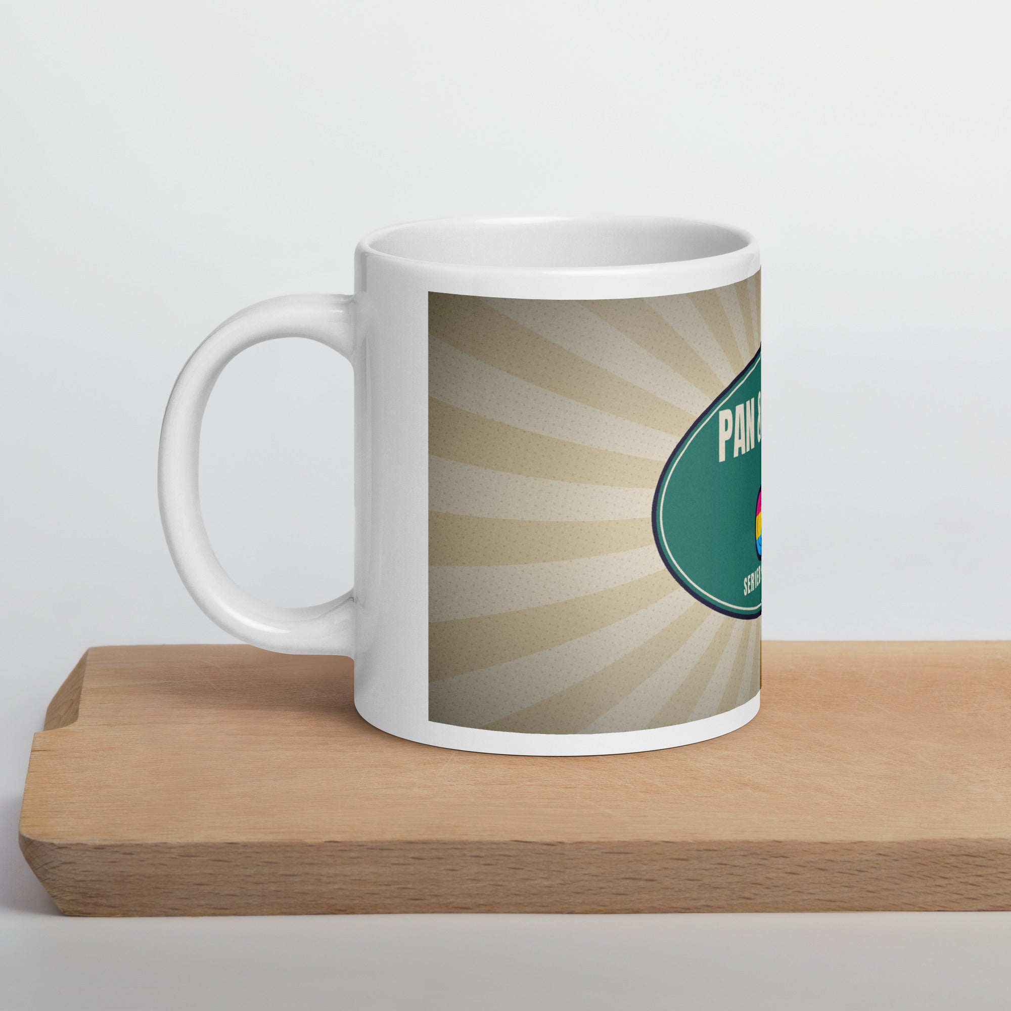 pansexual pride mug — Pan & Proud design, 20oz mug on a kitchen cutting board