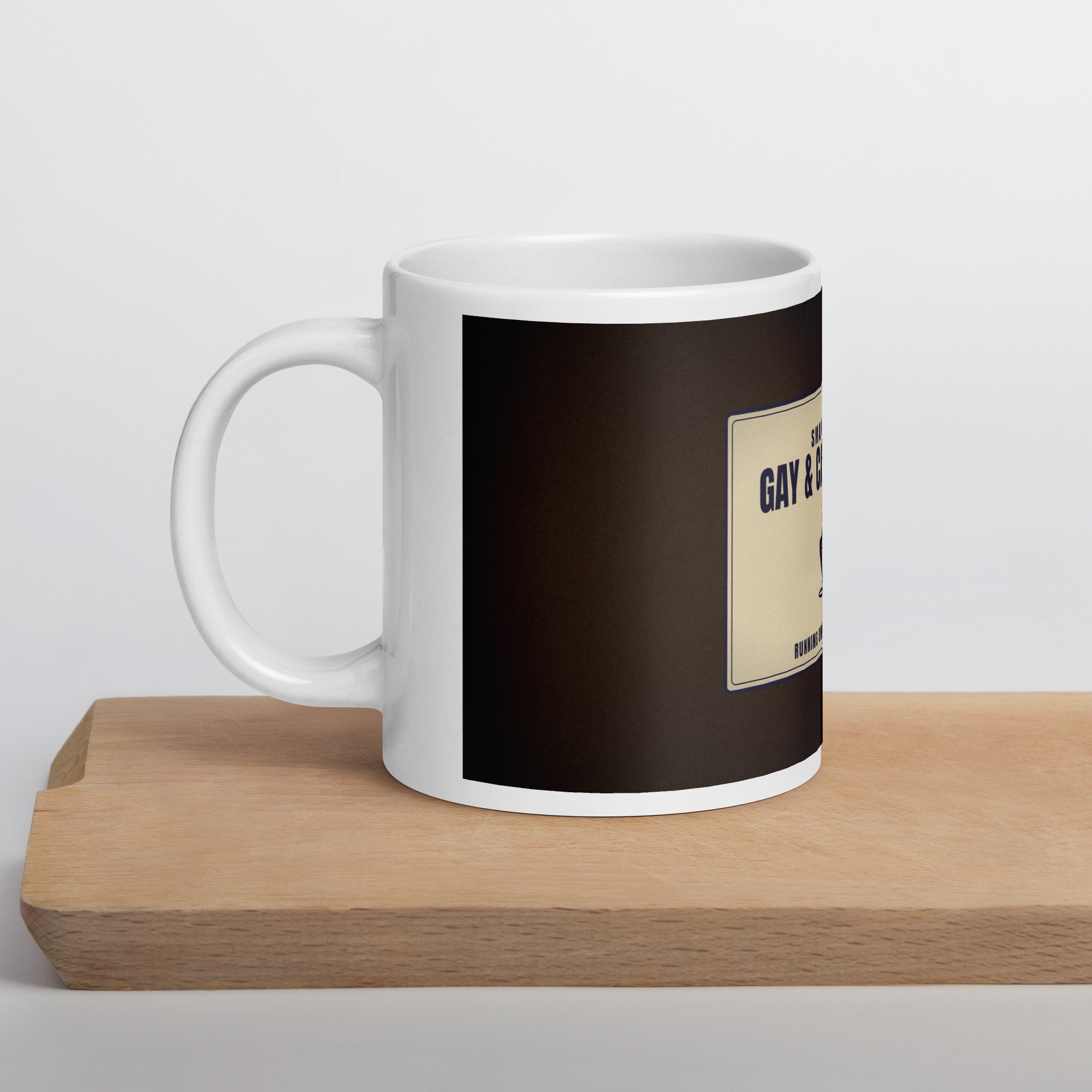 gay pride mug — Gay & Caffeinated design, 20oz mug on a kitchen cutting board