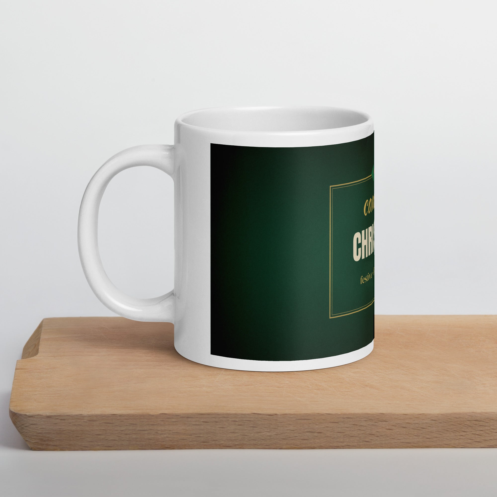 LGBTQ+ Christmas pride mug — Camp as Christmas design, 20oz mug on a kitchen cutting board
